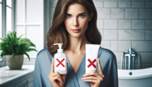 A lady holding samples of products not to mix